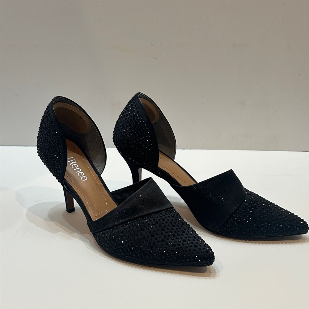 J.Renee Black Satin Studded 3inch Heels Dressy to Formal.  EUC